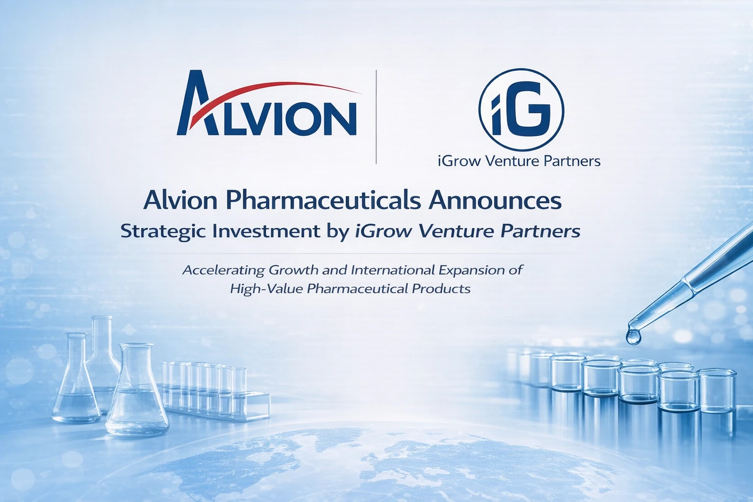 Alvion Pharmaceuticals and iGrow Venture Partners announcement card: Alvion Pharmaceuticals announces strategic investment by iGrow Venture Partners, accelerating growth and international expansion of high-value pharmaceutical products.